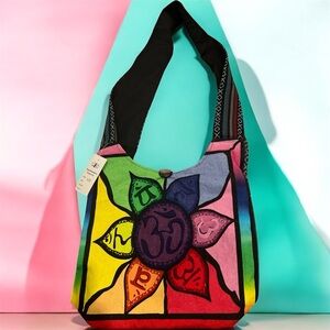 Kathmandu Black Chakra Large BOHO Colorf Lotus Flower OM Symbol Sling Bag